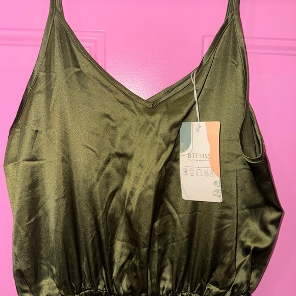 BTFBM Satiny Olive Green V-Neck Jumpsuit with Adjustable Straps - Picture 2 of 7
